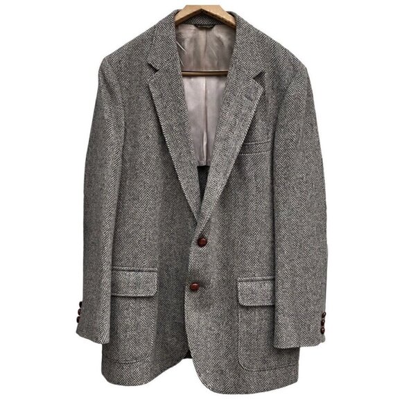 VTG 80s Wool Herringbone Tweed Single Breasted 2 Button Sportscoat Gray Men’s 44 - Picture 1 of 13